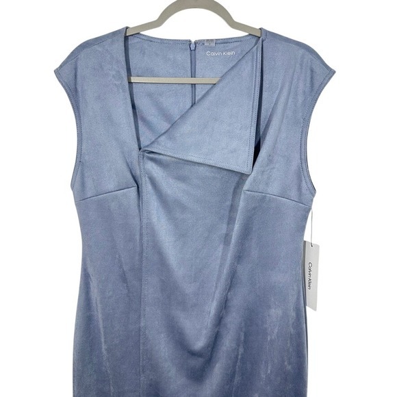 Calvin Klein Sleeveless Sheath Dress Blue Faux Suede Draped Front Size 12 Career - Picture 2 of 8
